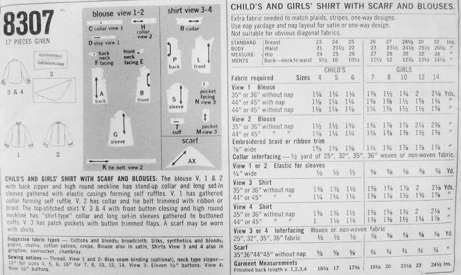 1960s CUTE Girls Retro Blouse, Shirt and Scarf Pattern SIMPLICITY 8307 Four Styles Size 12 Vintage Sewing Pattern UNCUT