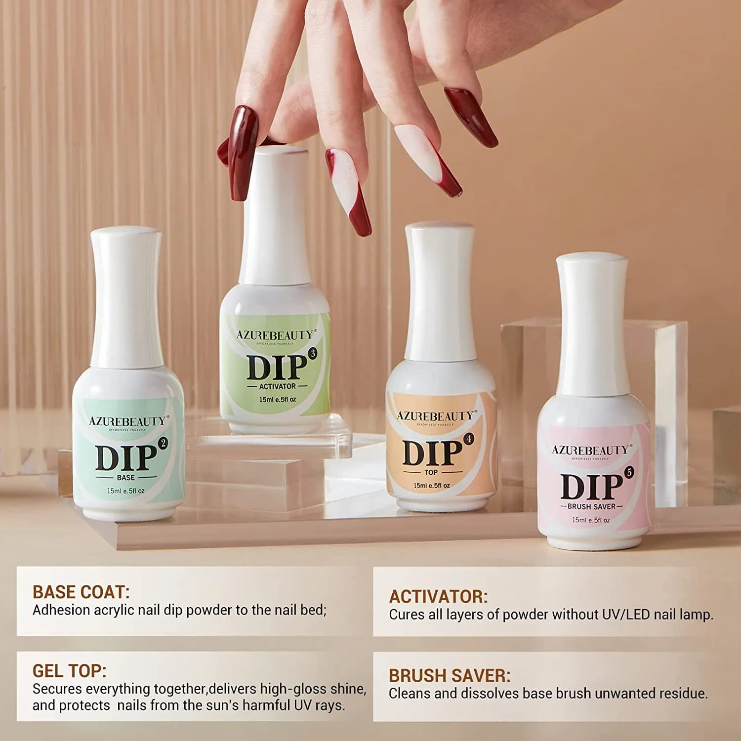 AZUREBEAUTY Dip Powder Liquid Set 15ml/0.5oz | 4 4Pcs Dipping Powder Base Top Coat, Activator, Brush Saver, Nail File Necessary Tools