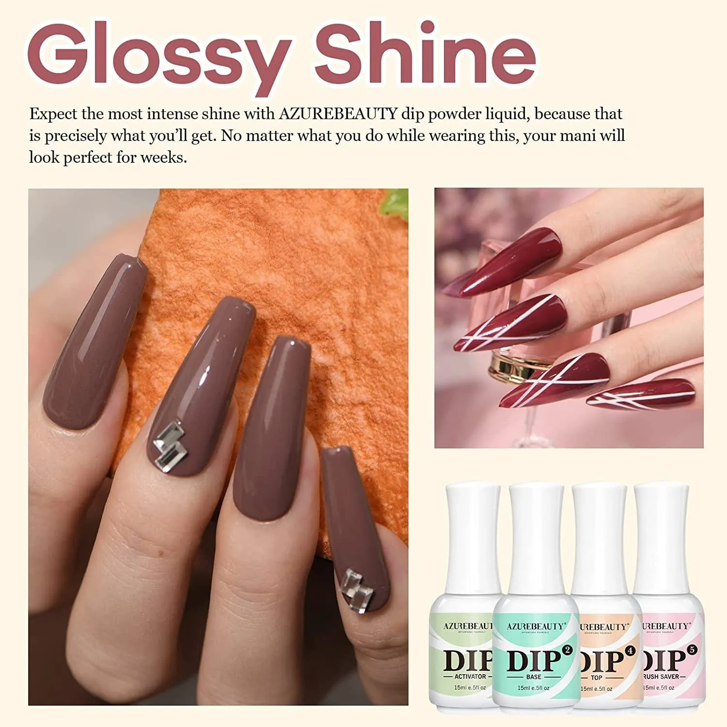 AZUREBEAUTY Dip Powder Liquid Set 15ml/0.5oz | 4 4Pcs Dipping Powder Base Top Coat, Activator, Brush Saver, Nail File Necessary Tools