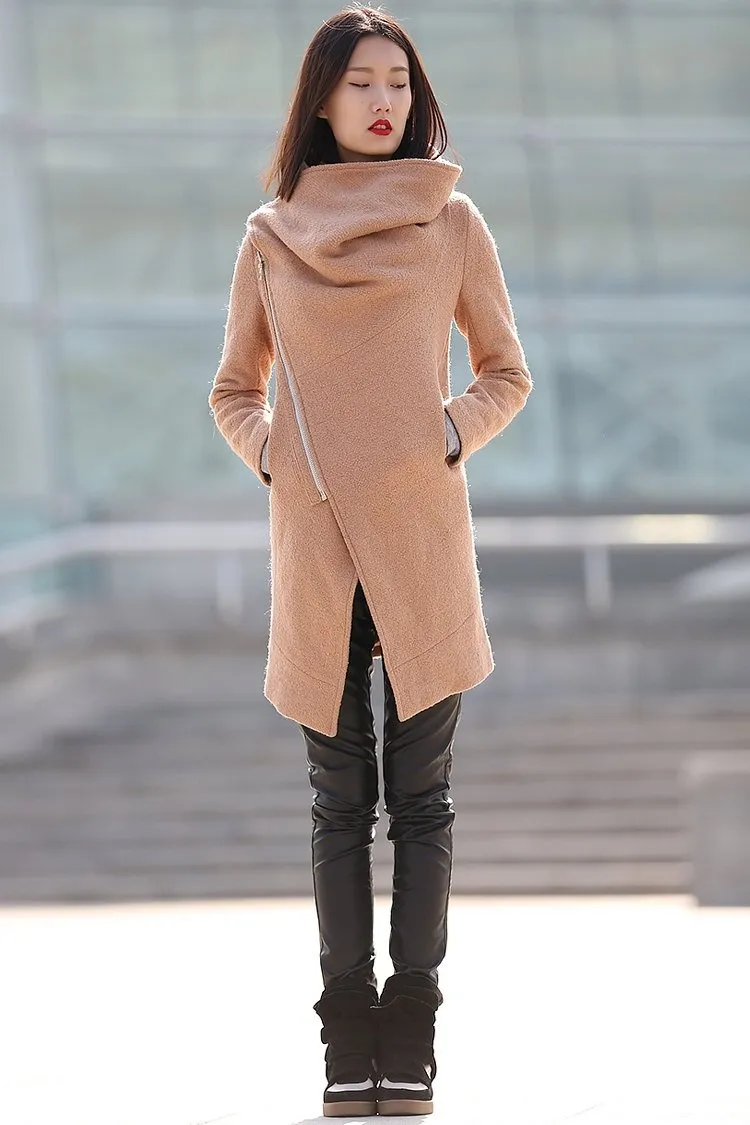 Brown  Asymmetricplus Size Wool Coat With High Collar C176