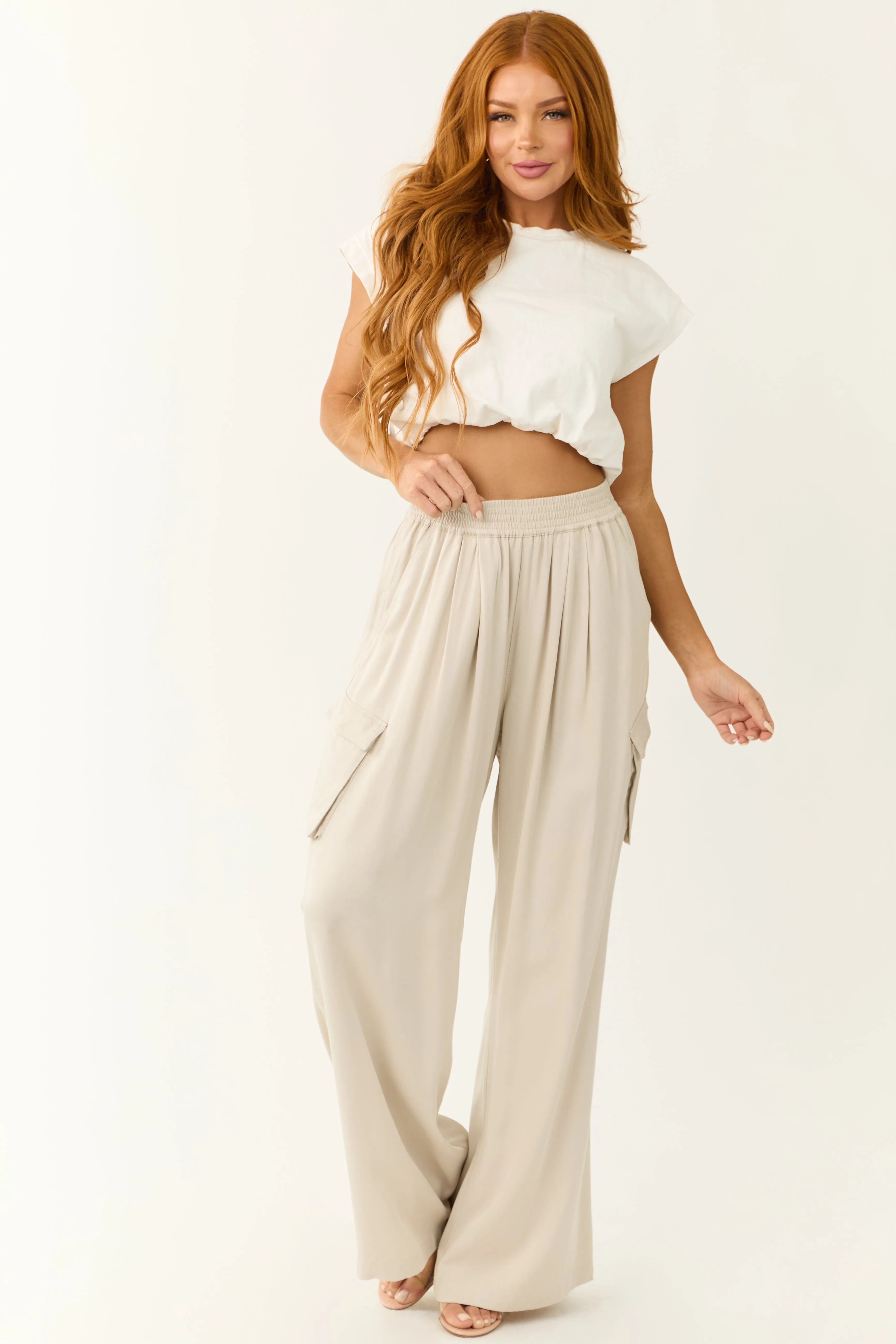 Cloud Wide Leg Smocked Waist Cargo Pants