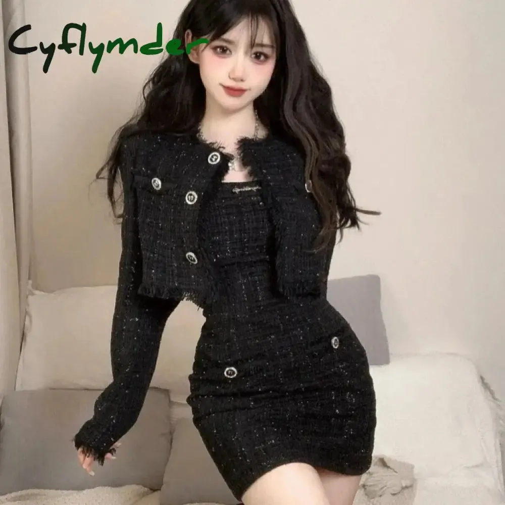Cyflymder Black Korean Style Retro Elegant Two Piece Set Women Fashion Tassels Short Jackets Casual Strap Party Mini Dress Female Y2k Suit