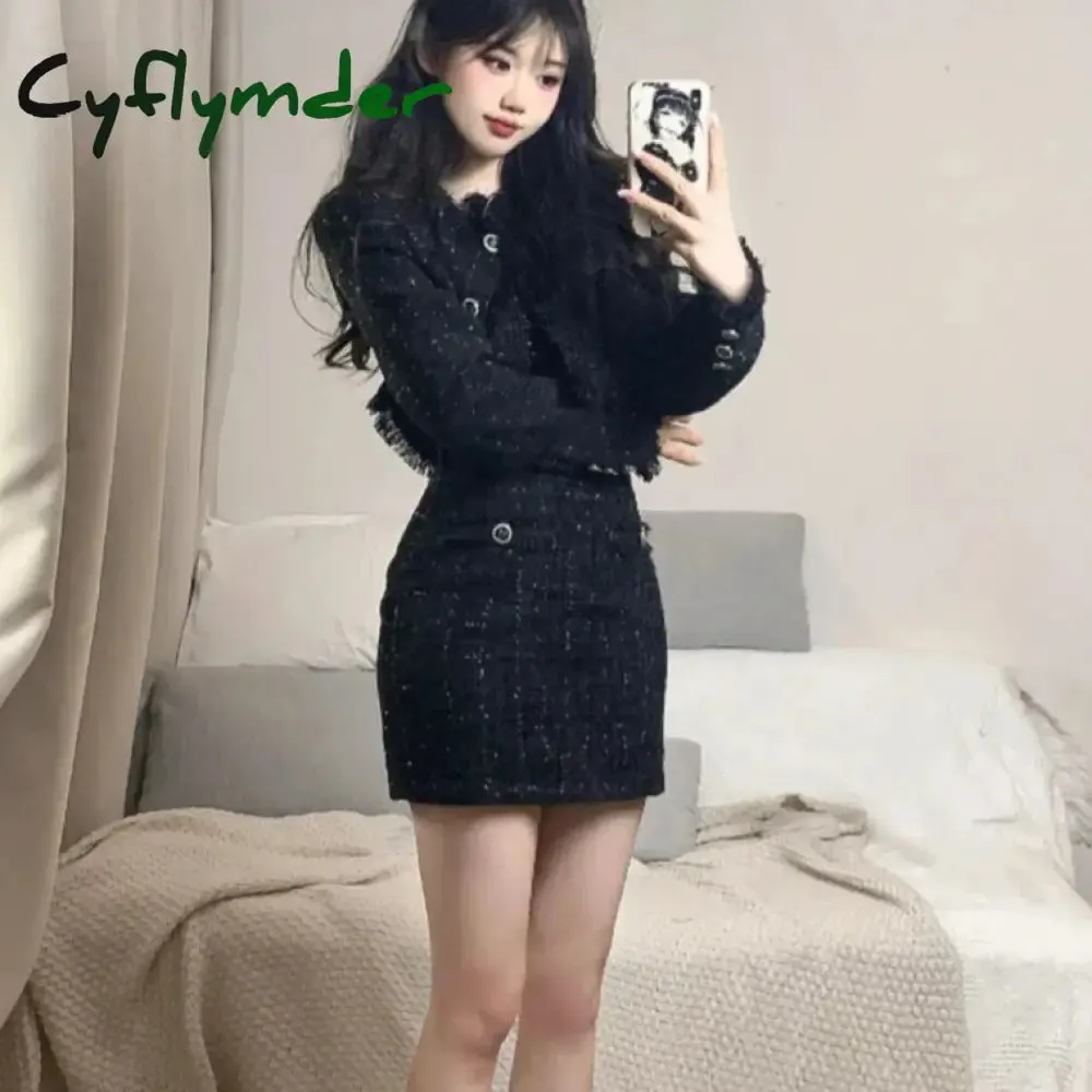 Cyflymder Black Korean Style Retro Elegant Two Piece Set Women Fashion Tassels Short Jackets Casual Strap Party Mini Dress Female Y2k Suit