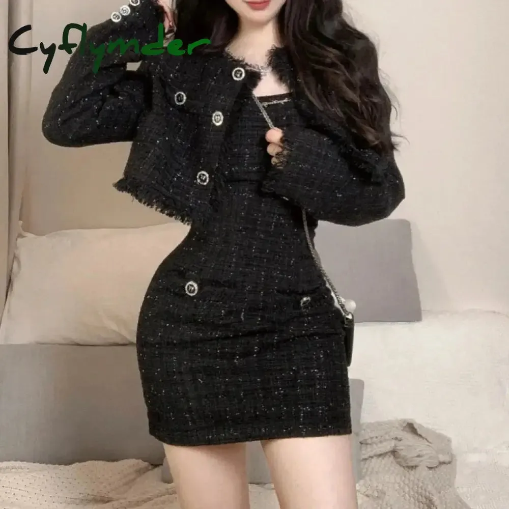 Cyflymder Black Korean Style Retro Elegant Two Piece Set Women Fashion Tassels Short Jackets Casual Strap Party Mini Dress Female Y2k Suit