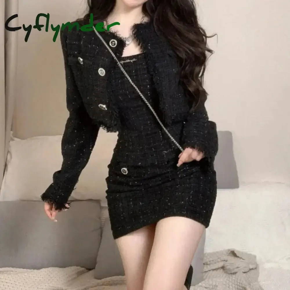 Cyflymder Black Korean Style Retro Elegant Two Piece Set Women Fashion Tassels Short Jackets Casual Strap Party Mini Dress Female Y2k Suit