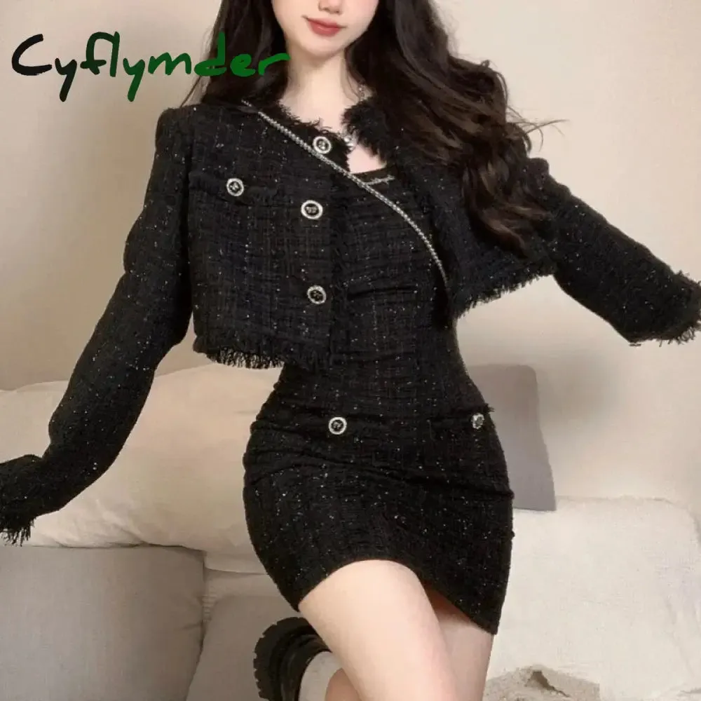 Cyflymder Black Korean Style Retro Elegant Two Piece Set Women Fashion Tassels Short Jackets Casual Strap Party Mini Dress Female Y2k Suit