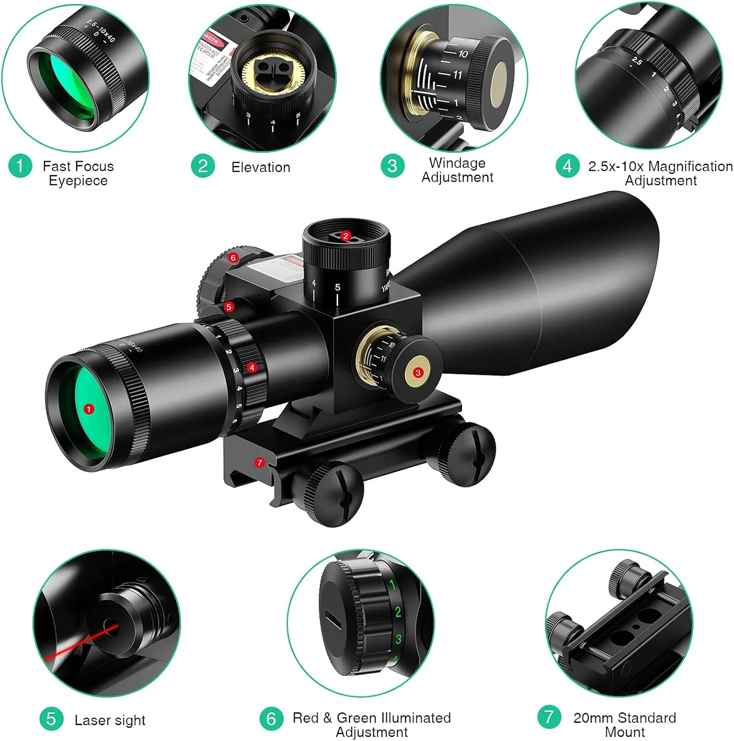 MidTen 2.5-10x40 OE Red Green Illuminated Mil-dot Scope with Red/Green Laser Combo