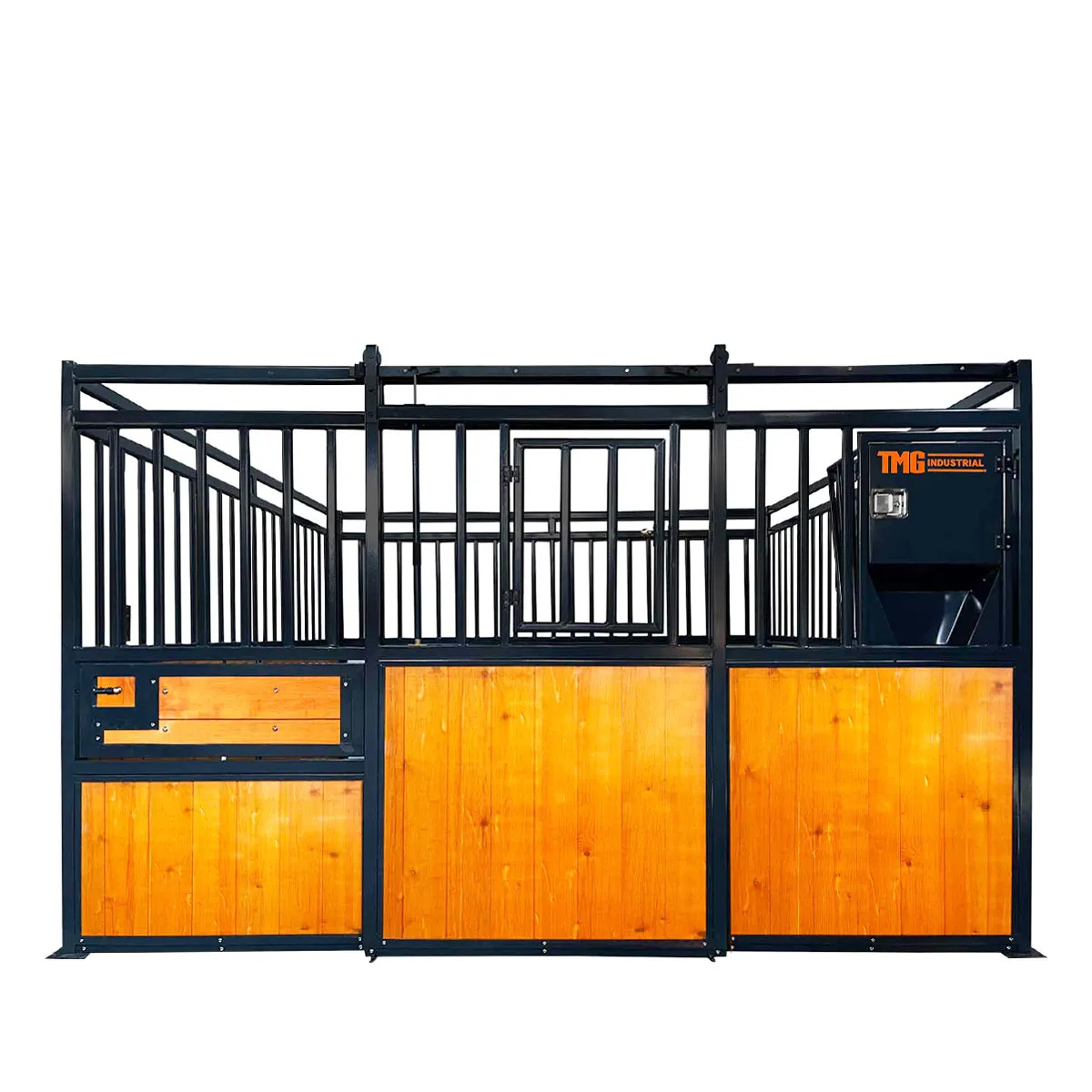 TMG Industrial 12’ Horse Stall Pine Lumber Panel, Vertical Bar Top & Wood-Filled Bottom, Front panel c/w Window/Feeder and Sliding Door, TMG-FHS12A and FHS12B