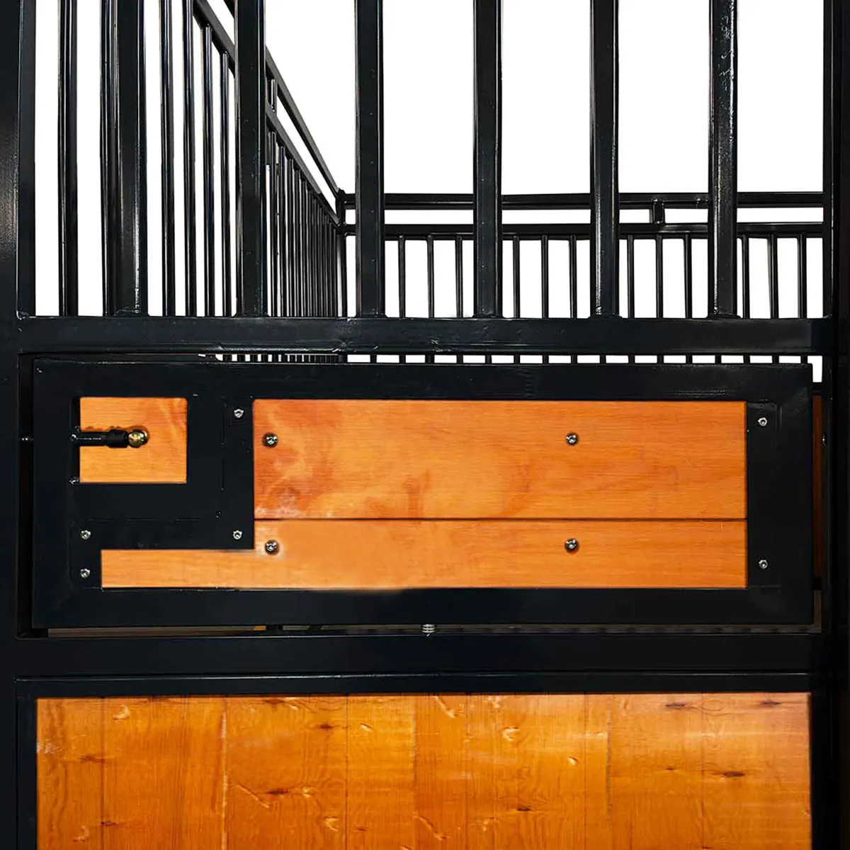 TMG Industrial 12’ Horse Stall Pine Lumber Panel, Vertical Bar Top & Wood-Filled Bottom, Front panel c/w Window/Feeder and Sliding Door, TMG-FHS12A and FHS12B