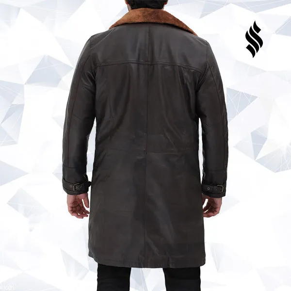 Turlock Dark Brown Shearling Leather Trench Coat Mens