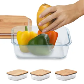 Vdomus Glass Containers With Bamboo Lids - Stackable Borosilicate Glass Bamboo Food Storage Containers - Lunch Meal Prep Bamboo Glass Containers - 7.8"X5.8"X2.6" - Set Of 3