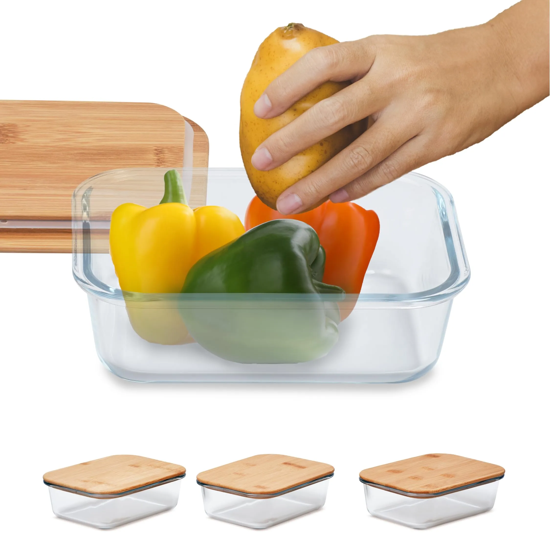 Vdomus Glass Containers With Bamboo Lids - Stackable Borosilicate Glass Bamboo Food Storage Containers - Lunch Meal Prep Bamboo Glass Containers - 7.8"X5.8"X2.6" - Set Of 3