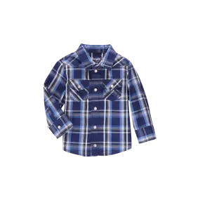 Wrangler Boy's Long Slevee Snap Front Plaid Blue Shirt