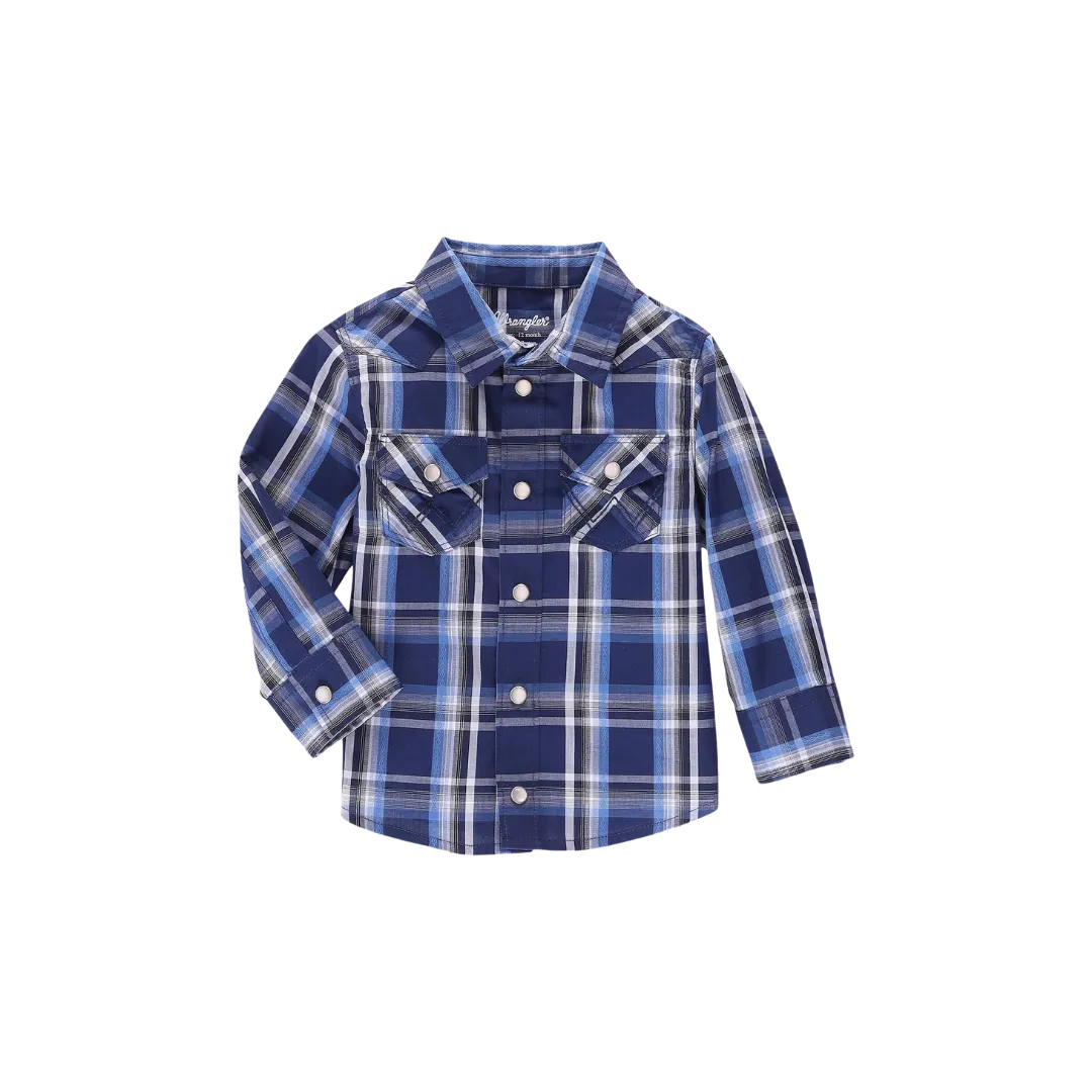 Wrangler Boy's Long Slevee Snap Front Plaid Blue Shirt